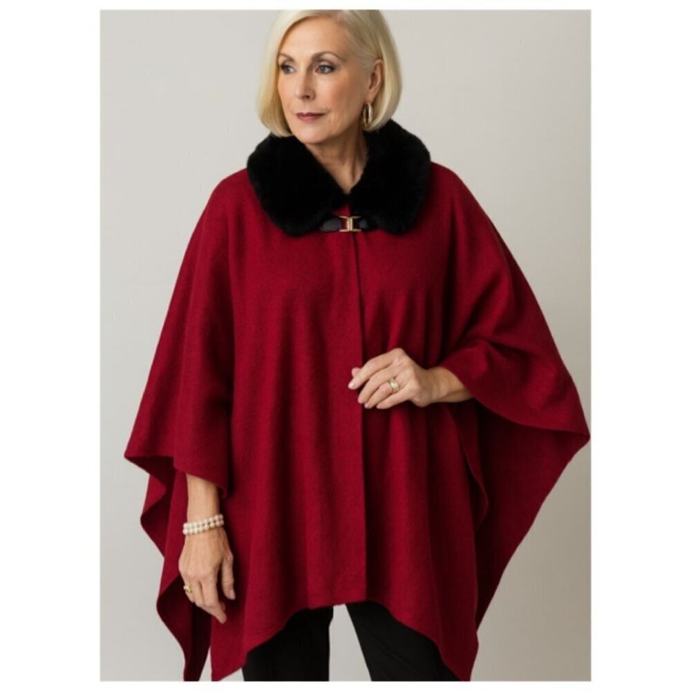 Anne Klein Faux Fur Collar Poncho SMALL Quiet Luxury Mob Wife Titian Red Black